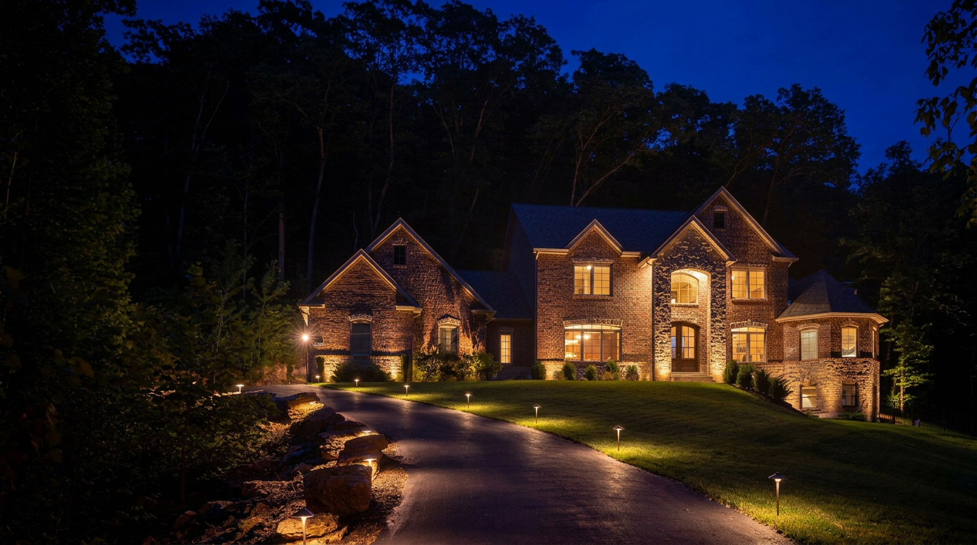 Beautifully uplit St. Louis home at dusk